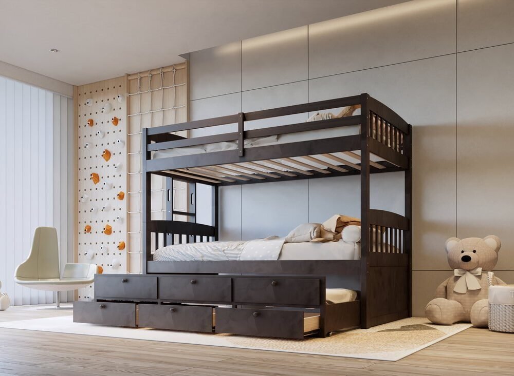 BB40 TWIN/TWIN Bunk Bed w/Twin Trundle + 3 Drawers Espresso