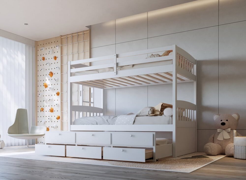 BB41 TWIN/TWIN Bunk Bed w/Twin Trundle + 3 Drawers White